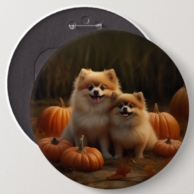 Pomeranian Puppy Autumn Delight Pumpkin 6 Cm Round Badge (Front & Back)