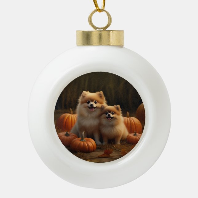 Pomeranian Puppy Autumn Delight Pumpkin Ceramic Ball Christmas Ornament (Front)