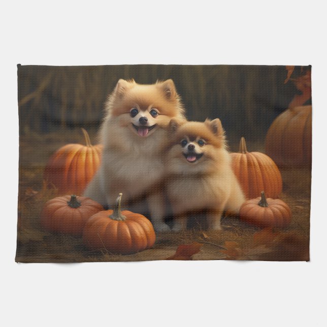 Pomeranian Puppy Autumn Delight Pumpkin Tea Towel (Horizontal)