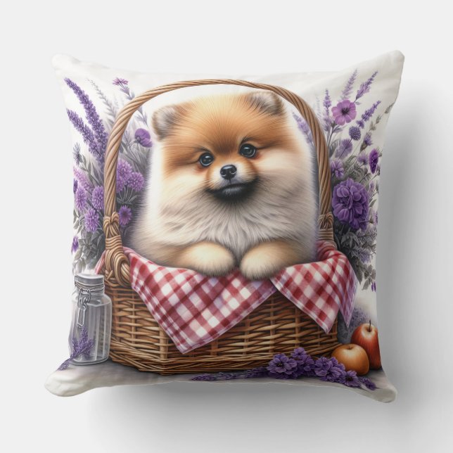 Pomeranian Puppy Dog Watercolor Wildflower Picnic Cushion (Front)