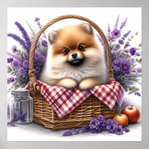 Pomeranian Puppy Dog Watercolor Wildflower Picnic Poster