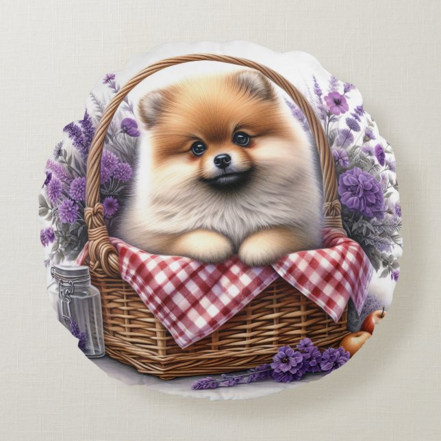 Pomeranian Puppy Dog Watercolor Wildflower Picnic Round Cushion (Front)