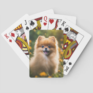 Pomeranian Puppy in Flower Field Playing Cards