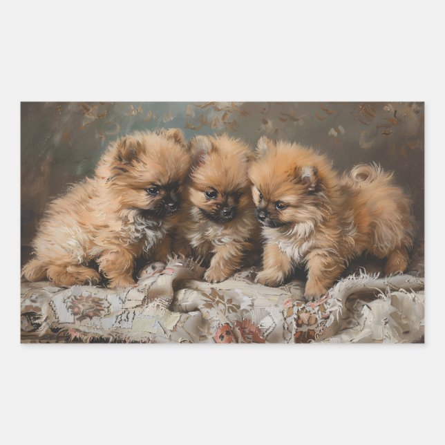Pomeranian Puppy Trio Vintage Rectangular Sticker (Front)