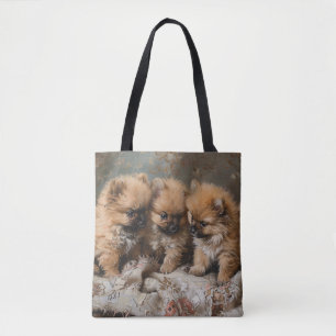 Pomeranian Puppy Trio Vintage Tote Bag
