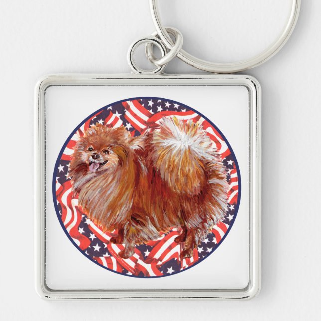 Pomeranian Red White & Blue Key Ring (Front)