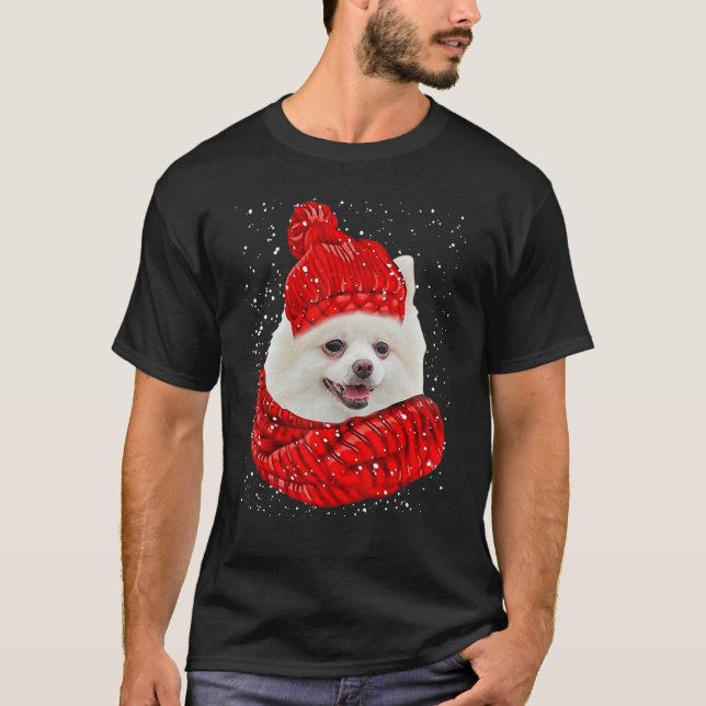 Pomeranian Red Winter Hat Christmas Scarf Dog T-Shirt (Front)