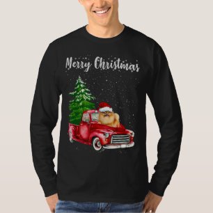 Pomeranian Riding Red Truck Merry Christmas Dog Lo T-Shirt