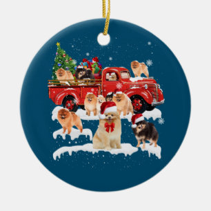 Pomeranian Riding Red Truck Xmas Merry Christmas Ceramic Tree Decoration