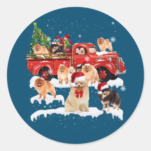 Pomeranian Riding Red Truck Xmas Merry Christmas Classic Round Sticker