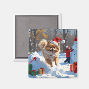 Pomeranian Running in Snow with Christmas Hat Magnet