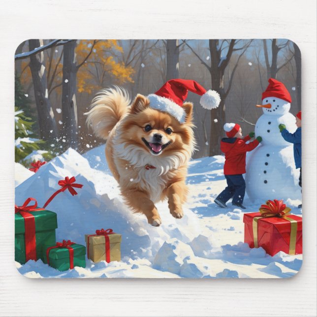 Pomeranian Running in Snow with Christmas Hat Mouse Pad (Front)