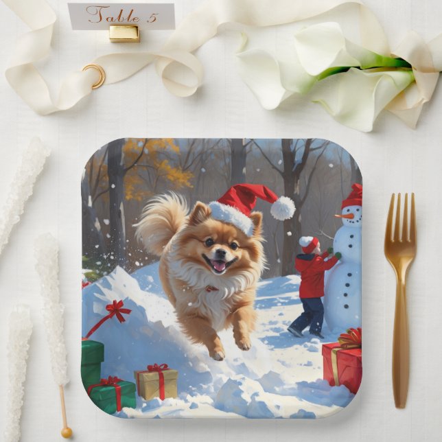 Pomeranian Running in Snow with Christmas Hat Paper Plate (Wedding)