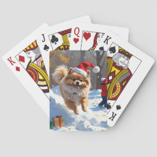 Pomeranian Running in Snow with Christmas Hat Playing Cards