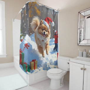 Pomeranian Running in Snow with Christmas Hat Shower Curtain