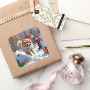 Pomeranian Running in Snow with Christmas Hat Square Sticker