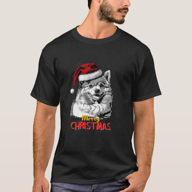 Pomeranian Santa Claus Hat Merry Christmas Dog X M T-Shirt (Front)