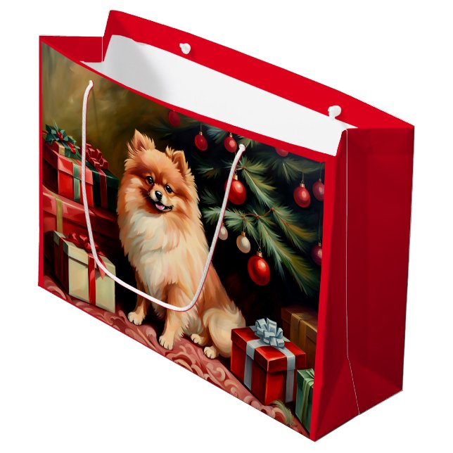 Pomeranian sitting by Christmas tree Large Gift Bag (Front Angled)