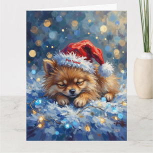 Pomeranian Sleeping on Fairy Lights Christmas Hat Card