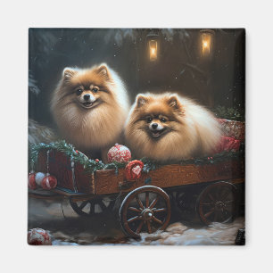 Pomeranian Snowy Sleigh Christmas Decor Magnet