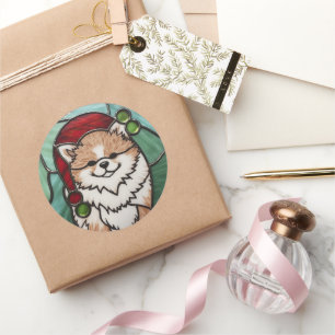 Pomeranian Stained Glass Christmas Classic Round Sticker