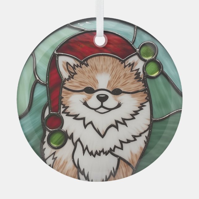 Pomeranian Stained Glass Christmas Tree Decoration (Front)