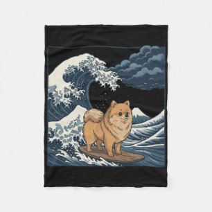 Pomeranian Surfing Japanese Wave _1 Fleece Blanket