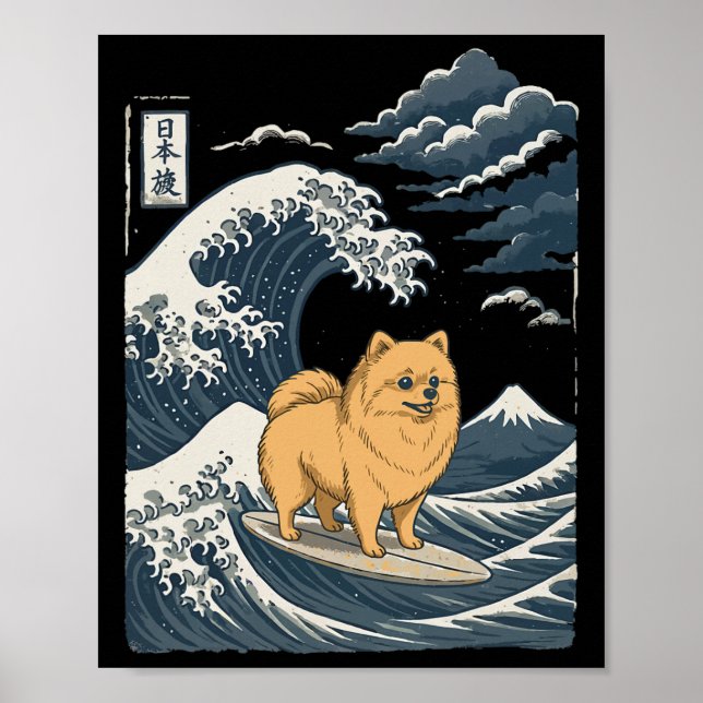 Pomeranian Surfing Japanese Wave _2  Poster (Front)