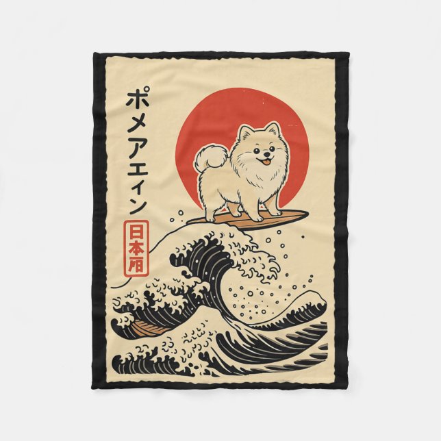Pomeranian Surfing Japanese Wave  Fleece Blanket (Front)