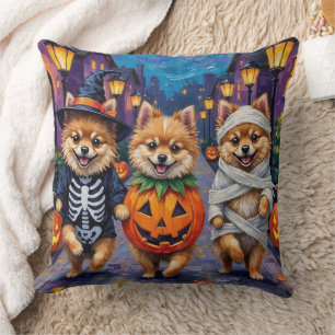 Pomeranian Trick-or-Treating in Halloween Costumes Cushion