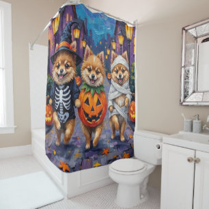 Pomeranian Trick-or-Treating in Halloween Costumes Shower Curtain