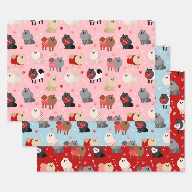 Pomeranian Valentine Pattern Wrapping Paper Sheet (Set)
