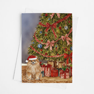 Pomeranian Watercolor Under Christmas Tree Card