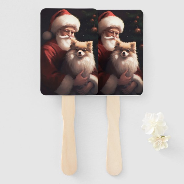 Pomeranian With Santa Claus Festive Christmas  Hand Fan (Front and Back)