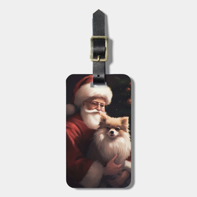 Pomeranian With Santa Claus Festive Christmas  Luggage Tag (Front Vertical)