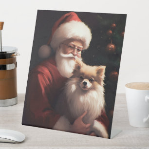 Pomeranian With Santa Claus Festive Christmas  Pedestal Sign
