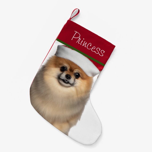 Pomeranian With Santa Hat Small Christmas Stocking (Front (Hanging))