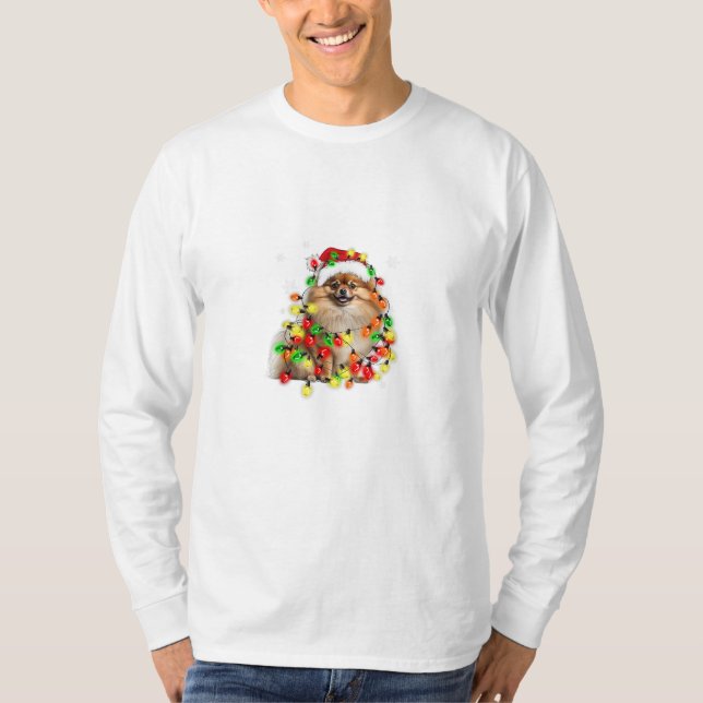 Pomeranian Wrapped in Christmas Lights T-Shirt (Front)