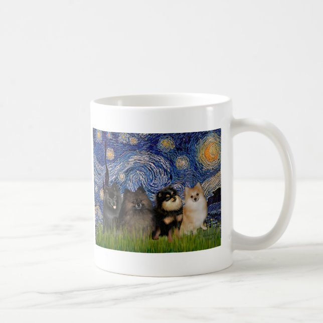 Pomeranians (four) - Starry Night Coffee Mug (Right)