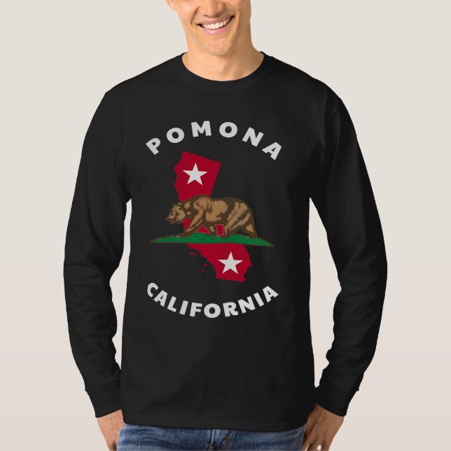 Pomona California CA Flag and Bear Badge Souvenir T-Shirt (Front)