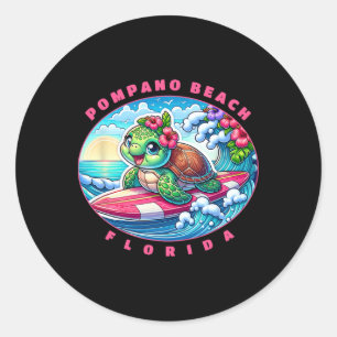Pompano Beach Florida Cute Surfing Girl Sea Turtle Classic Round Sticker