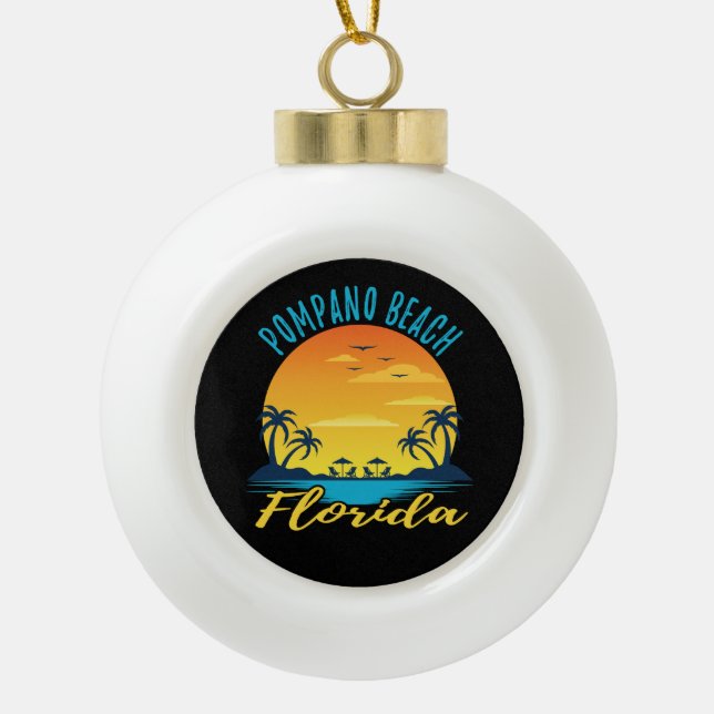 Pompano Beach Florida Palm Trees Beach Ceramic Ball Christmas Ornament (Front)