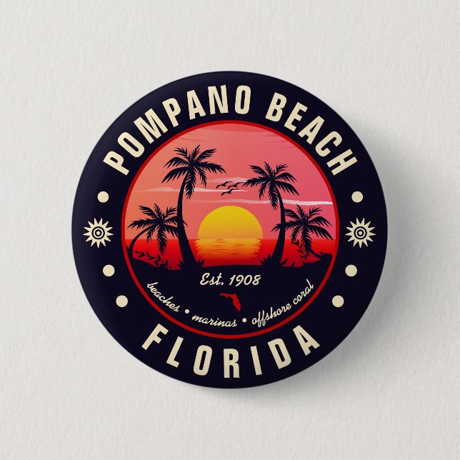 Pompano Beach Florida Retro Sunset Souvenir 6 Cm Round Badge (Front)