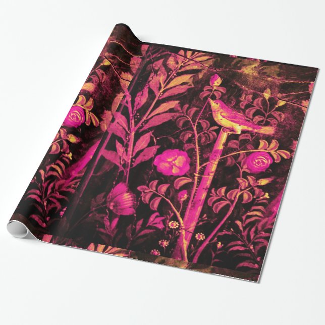 POMPEII COLLECTION NIGHTINGALE WITH ROSES Pink Wrapping Paper (Unrolled)