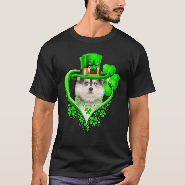Pomsky Dog St Patricks Day Lover Irish Shamrock T-Shirt (Front)