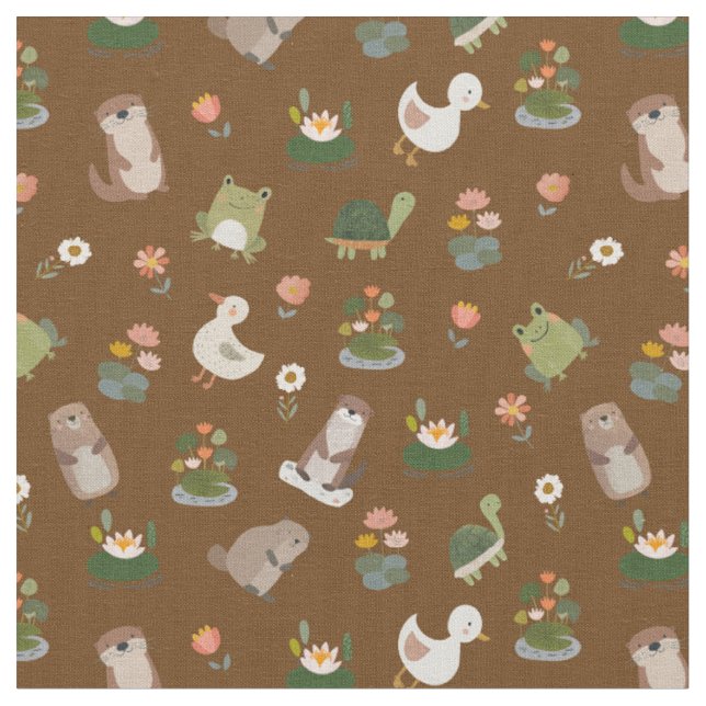 Pond Animals & Lily Pads on Brown Fabric (Close Up)