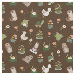 Pond Animals & Lily Pads on Dark Brown Fabric