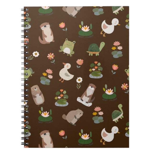 Pond Animals & Lily Pads on Dark Brown Notebook (Front)