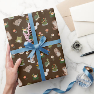 Pond Animals & Lily Pads on Dark Brown Wrapping Paper