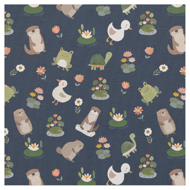 Pond Animals & Lily Pads on Darkest Blue Fabric (Close Up)